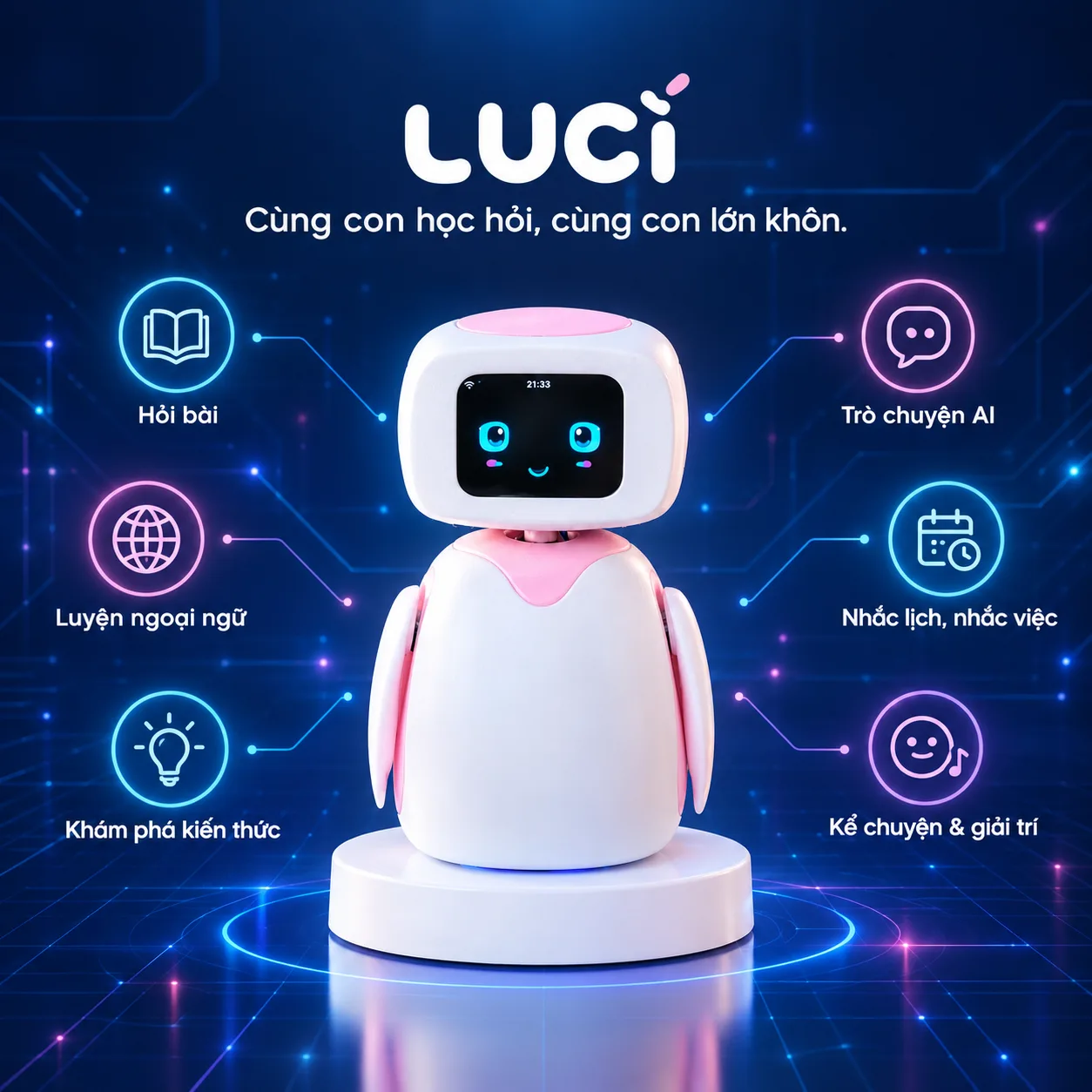 LUCI cùng các khả năng hỏi bài, luyện ngoại ngữ, khám phá kiến thức, trò chuyện AI, nhắc lịch và kể chuyện